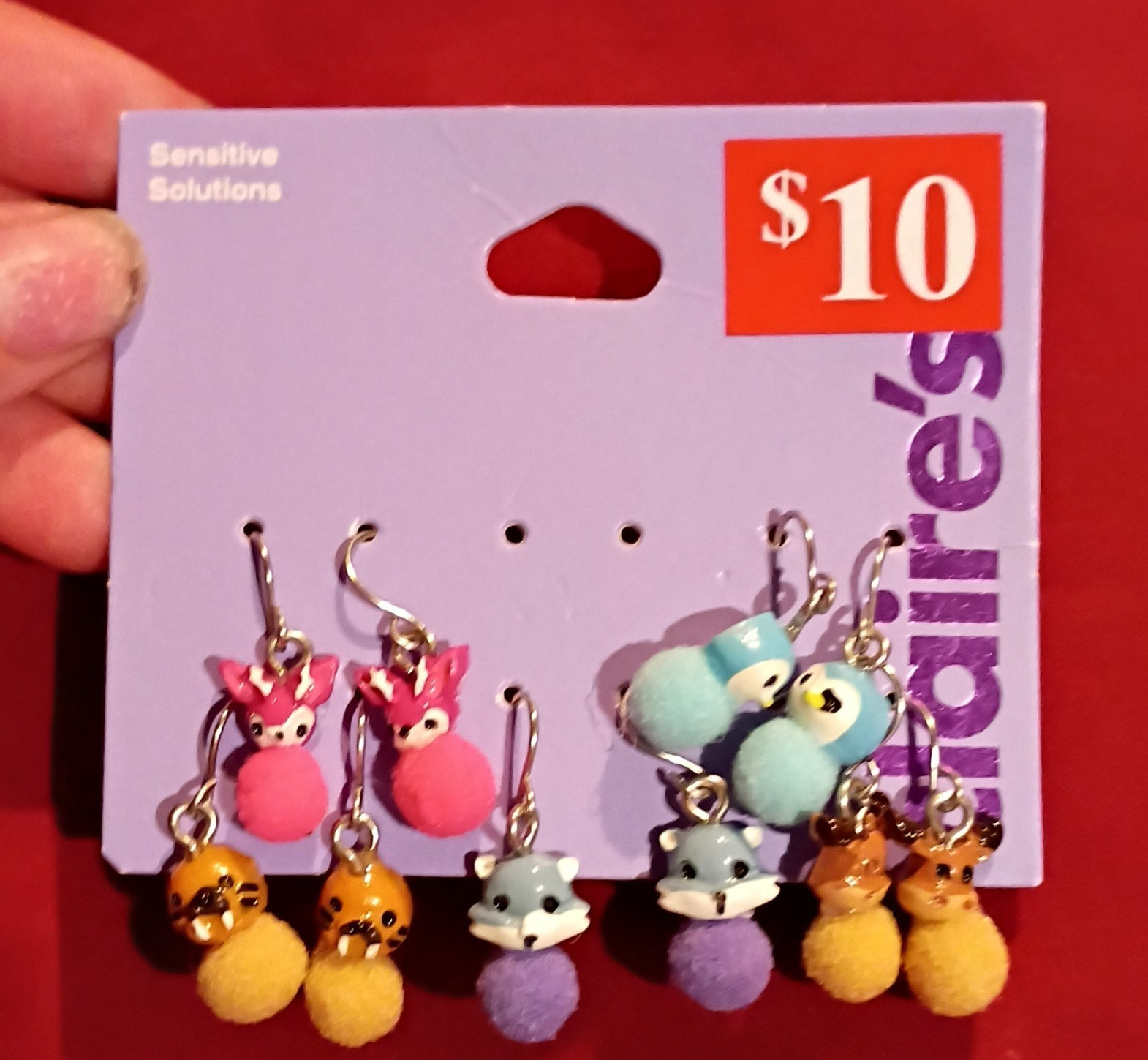 Claire’s Animal Pom Pom Dangle/Drop Hook Earrings Set, Multicolor