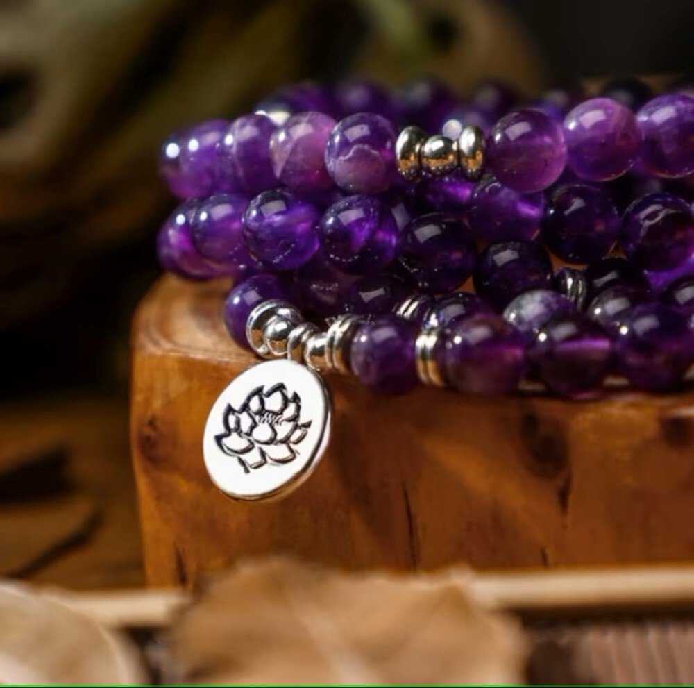 Amethyst Mala Beads 108 Necklace Lotus Charm Bracelet for Prayer Meditation Yoga