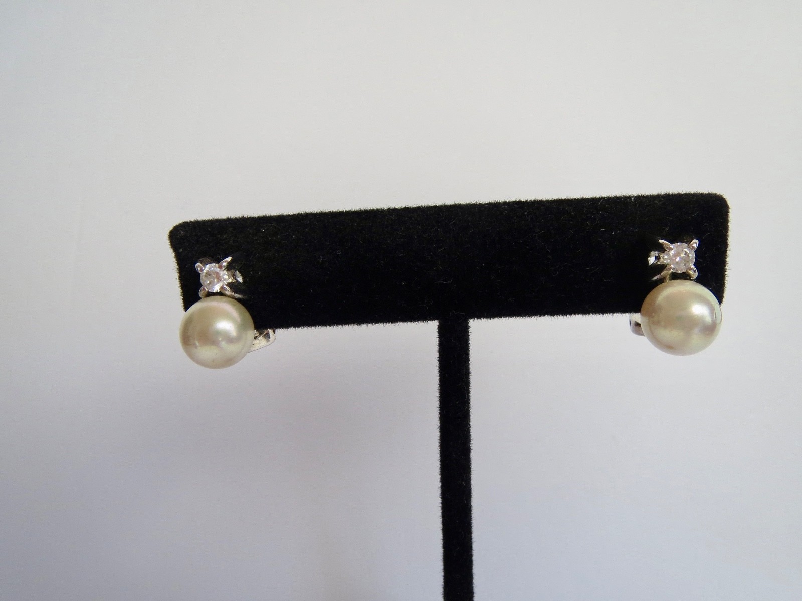 Elegant Silver Tone Omega Back 8mm Faux Pearl & Cubic Zirconia Pierced EARRINGS