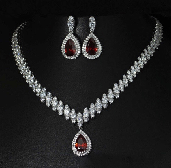 18k White Gold Plated Red Tennis Necklace Earrings Set made w Swarovski Crystal