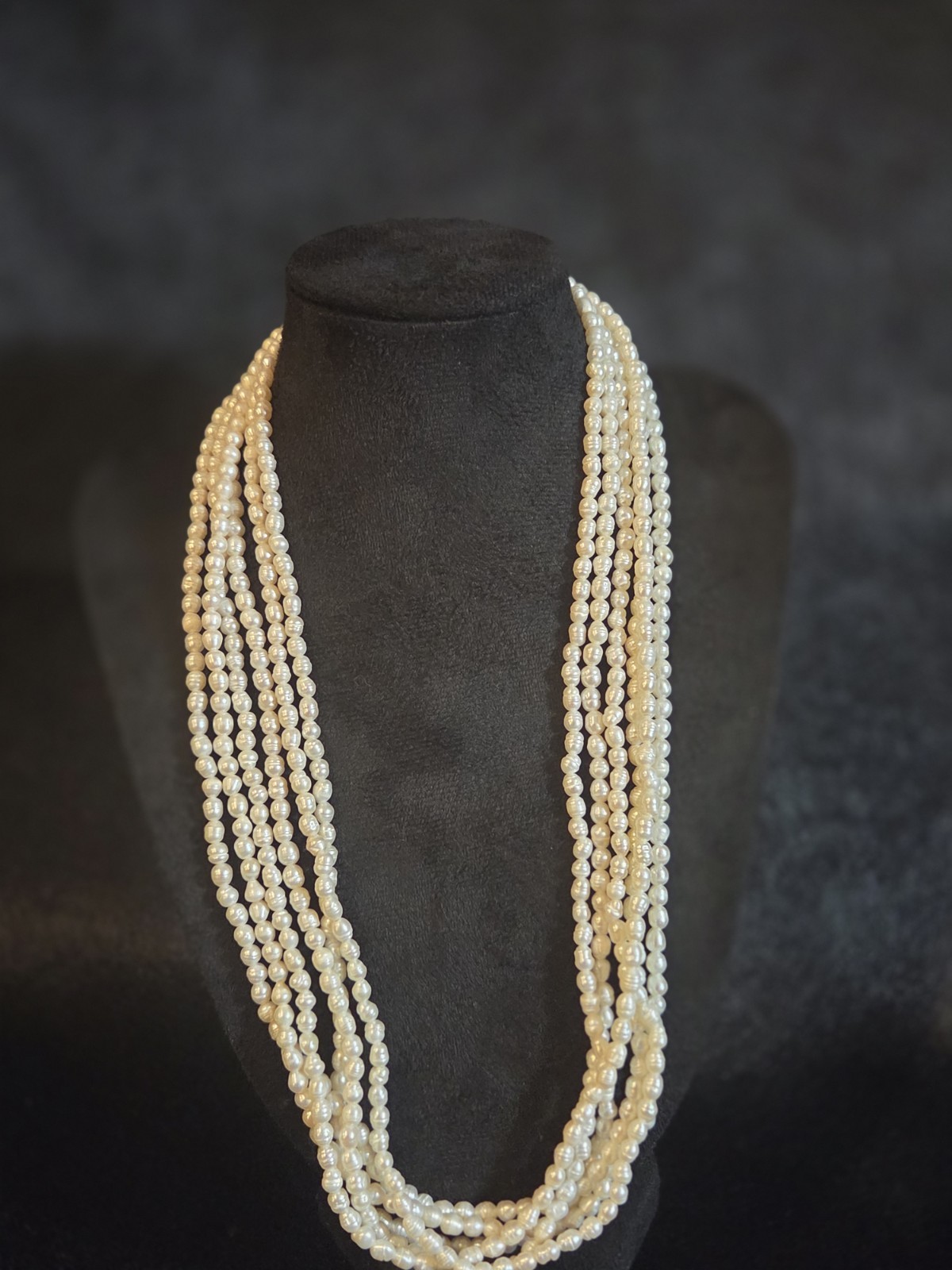 Vintage 6-Strand Seed Pearl Necklace with Gold Tone Pearl Clasp, 19″