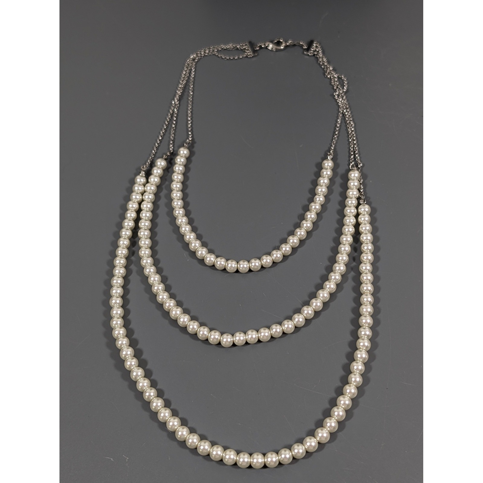 White Glass Faux Pearl Silver Tone Layered Necklace Elegant Multi Strand 17.5in