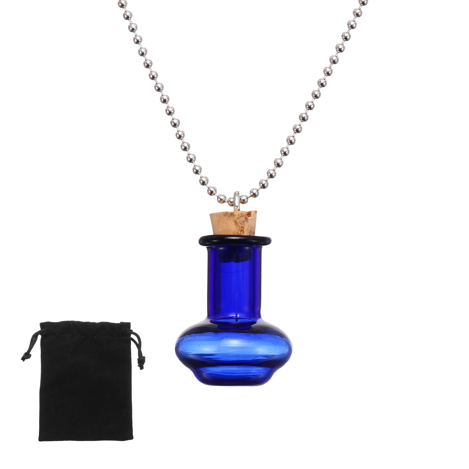 22mm Vial Necklace with Cork Stoppers Black Velvet Bag, Vase Shaped, Blue