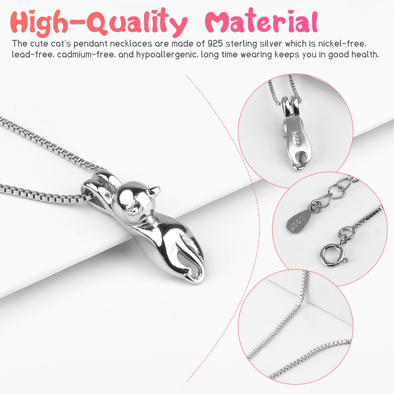 925 Sterling Silver Pendant Necklace Women Girls Cat Adorable Chain Jewelry Gift