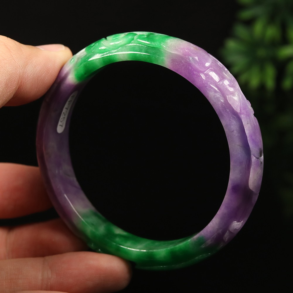 59mm Lavender Purple Green Jadeite Jade Bangle Bracelet Ruyi Rabbit A-14567