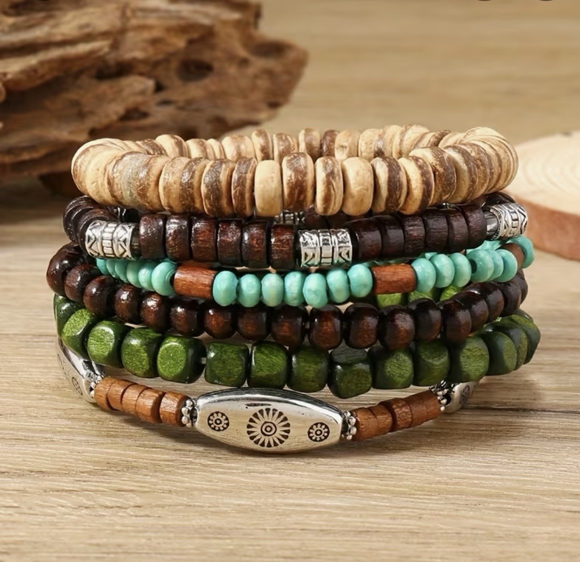 Set Of 6 Unisex Wooden Tribal Boho Stacking Bracelets. 2.16”. NIB. Free Ship.