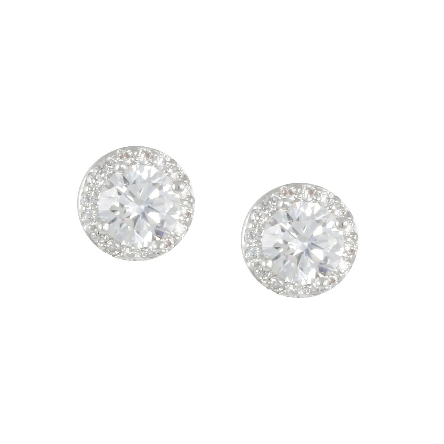 Rhodium “nickel free” stud earring with (1) 6mm round white CZ surrounded by (16