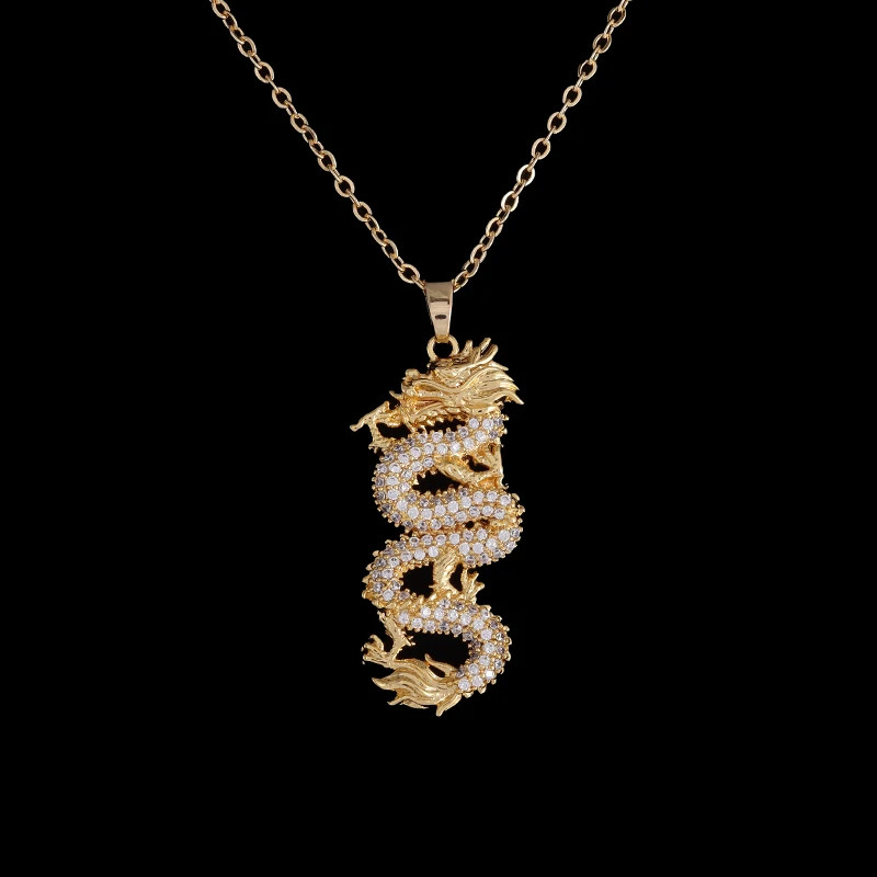 Cubic Zirconia Dragon Pendant Necklace for Men Women Amulet Jewelry