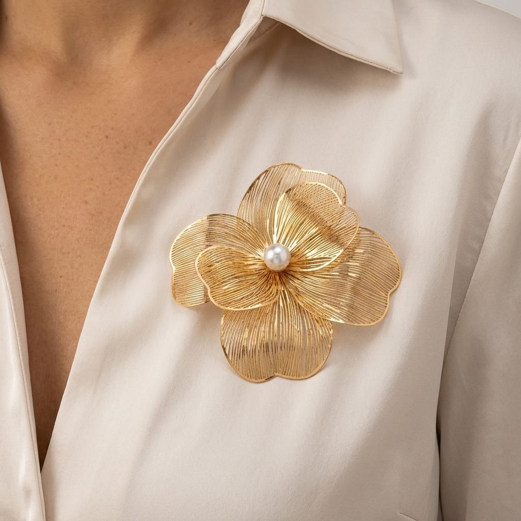 Gold Tone Flower Brooch Pin Faux Pearl Floral Lapel Pin Women Jacket Scarf Gift