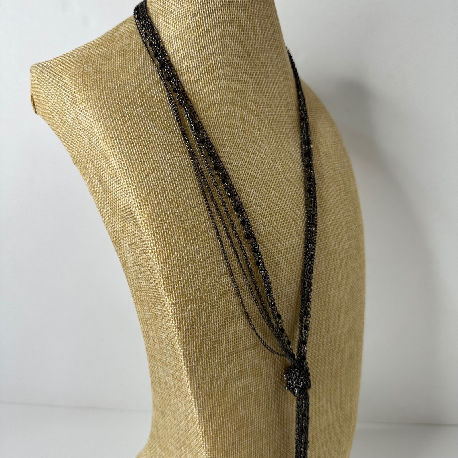 Black Multi Strand Knotted Necklace Beaded Tassel Mixed Chain Adjustable Layered