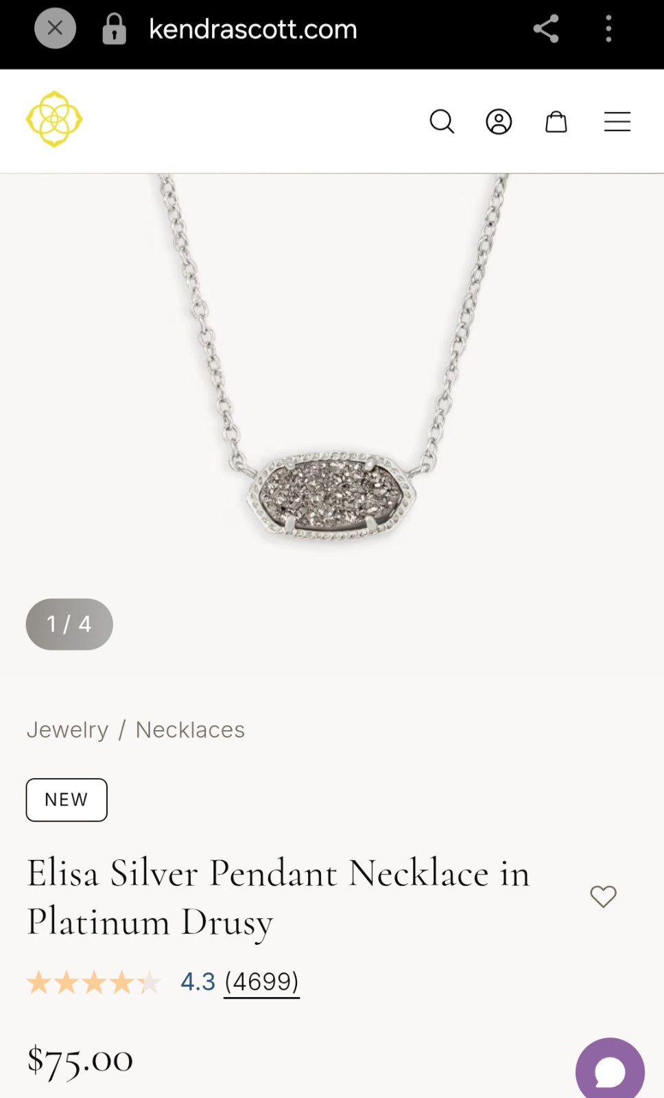 Authentic Kendra Scott Elisa Pendant Necklace – Silver / Platinum Drusy
