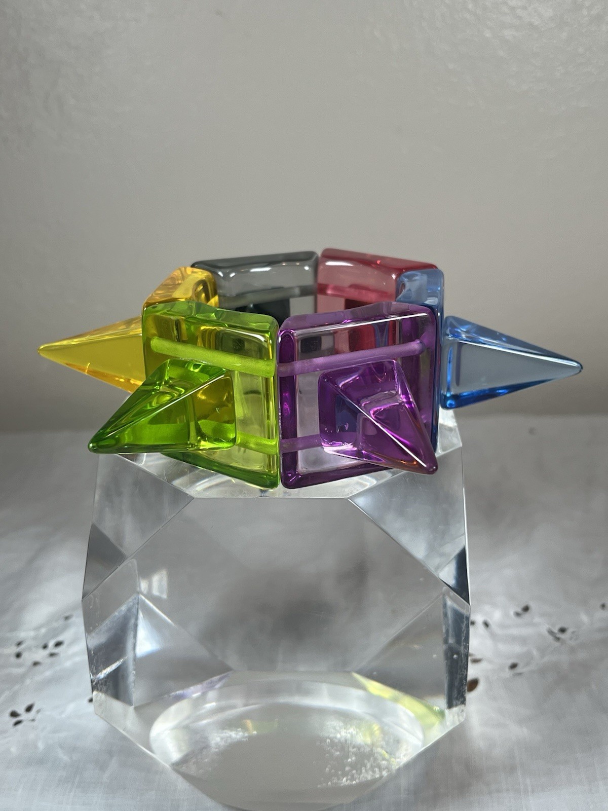 SOBRAL LAGERFELD Signed Rainbow Transparent Spike Cone HUGE Lucite Bracelet