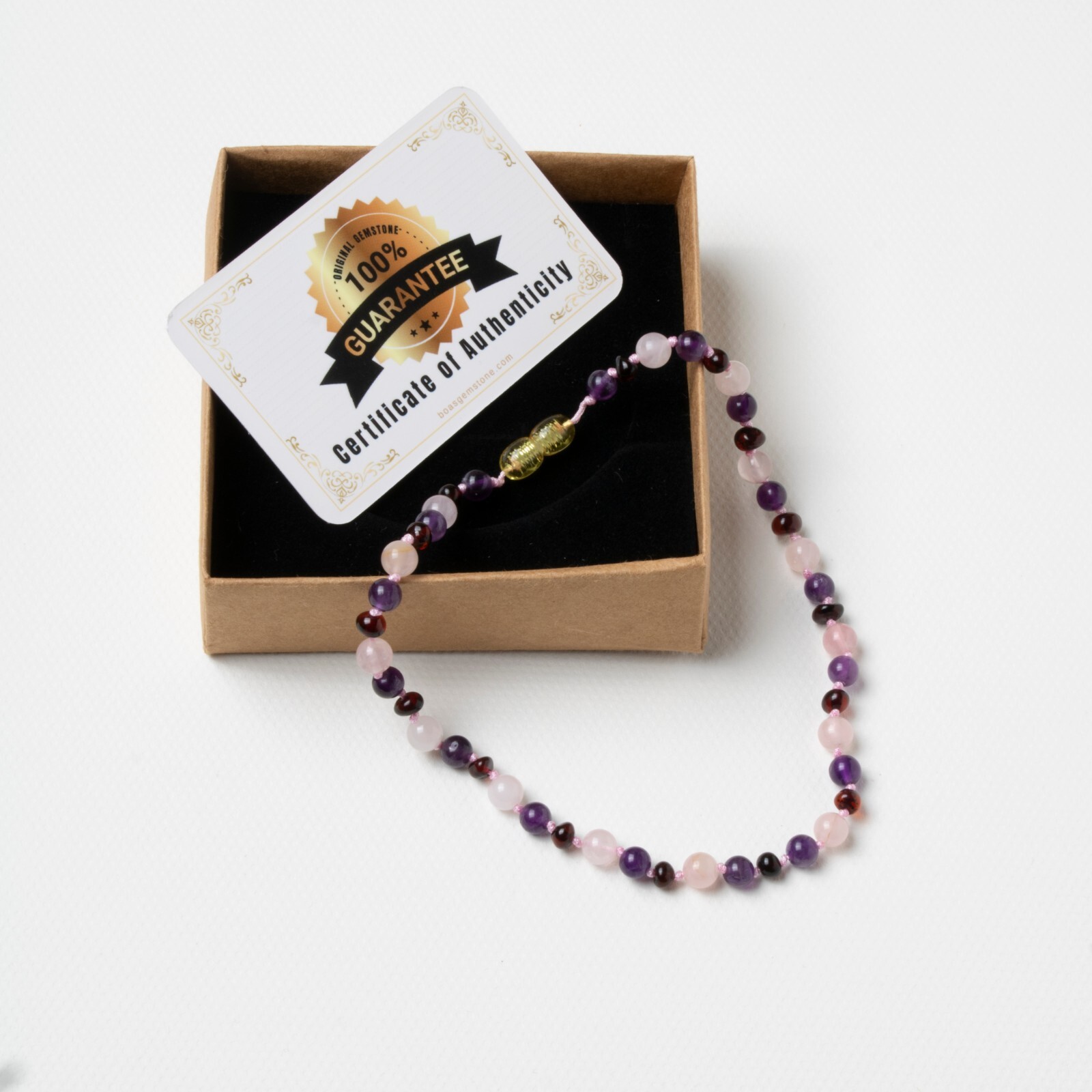 Healing Natural Stone Necklace for Babies – Amber, Rose Quartz, and Amethyst