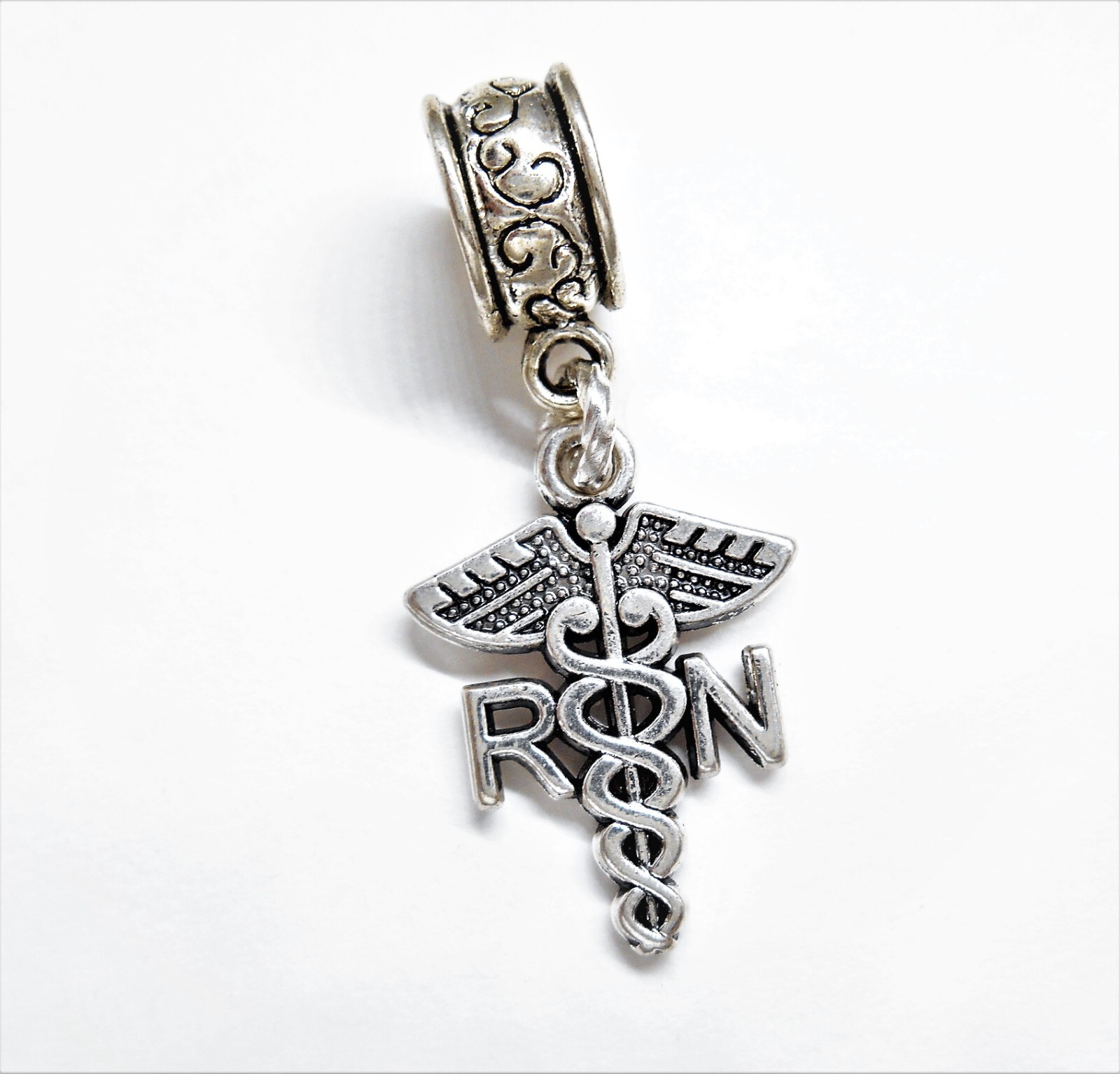 SILVER NURSE NURSING RN CADUCEUS MEDICAL EUROPEAN CHARM BEAD PENDANT & POUCH!