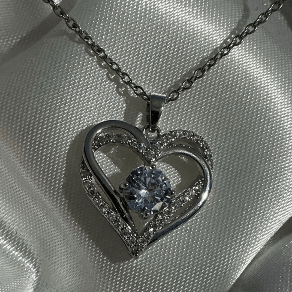 Timeless CZ Diamond Double Heart Pendant Silver Necklace!