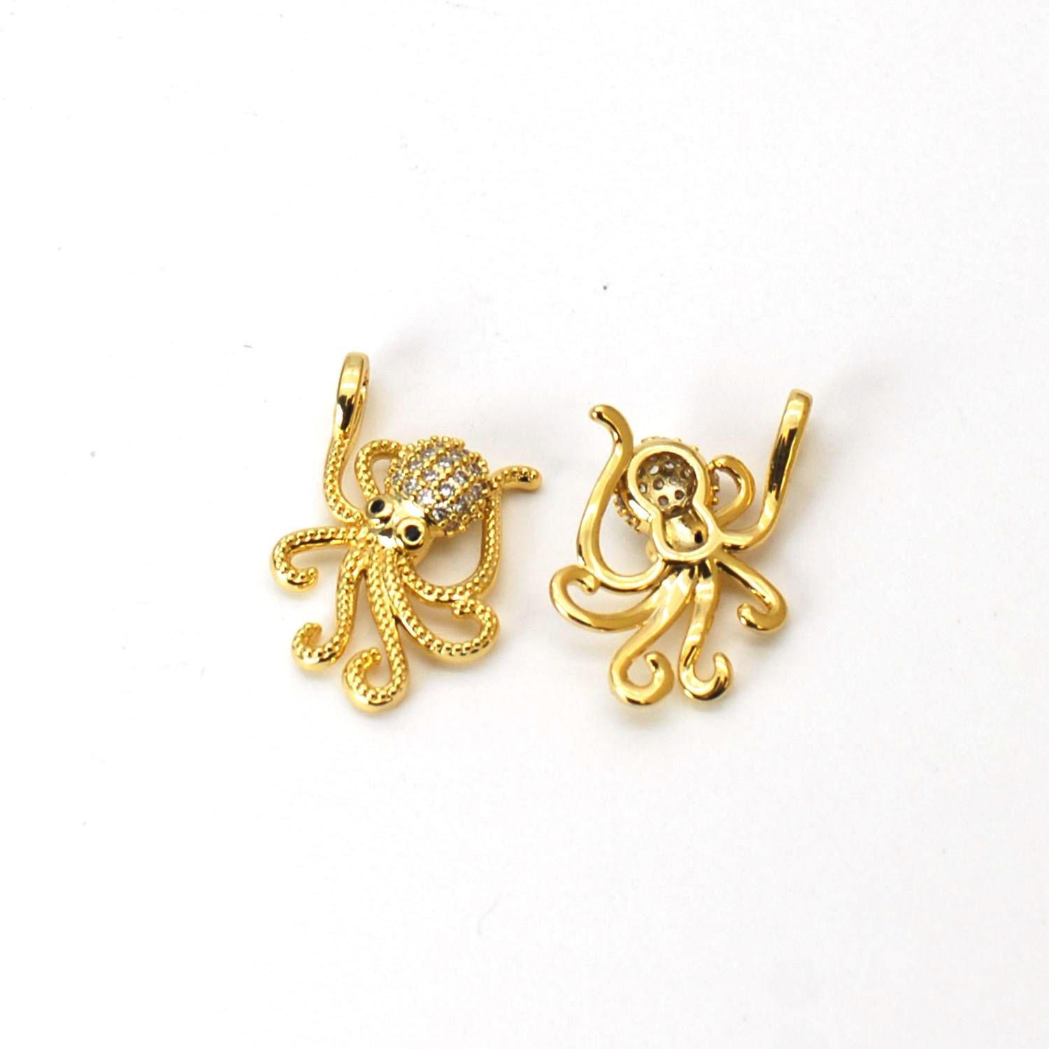 2PCS 18K Gold Plated Octopus Charm Pendant, Cubic Zirconia Micro Pave GADW91