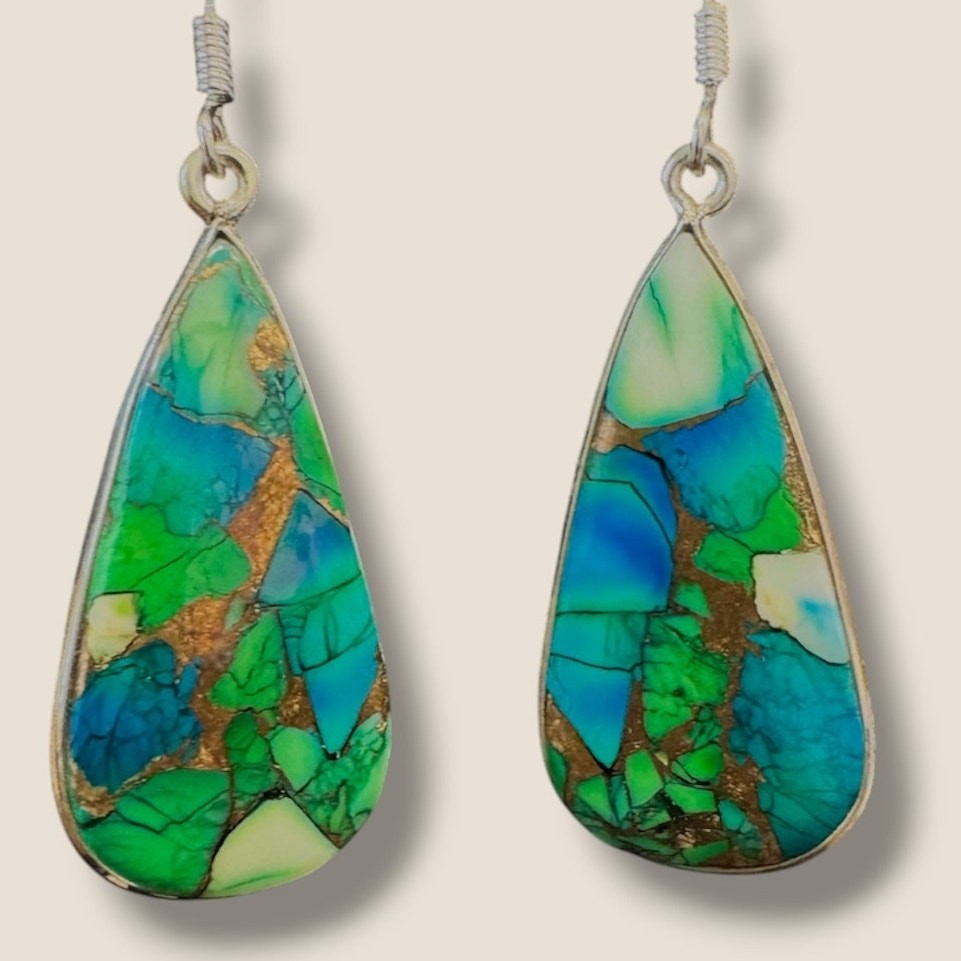 925 Sterling Silver Blue Green Mosaic Turquoise Teardrop Dangle Earrings New