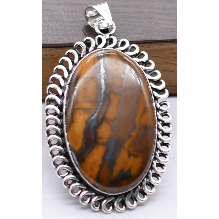Tiger Eye Natural Gemstone Antique Silver Plated Pendant 2.5″ J640
