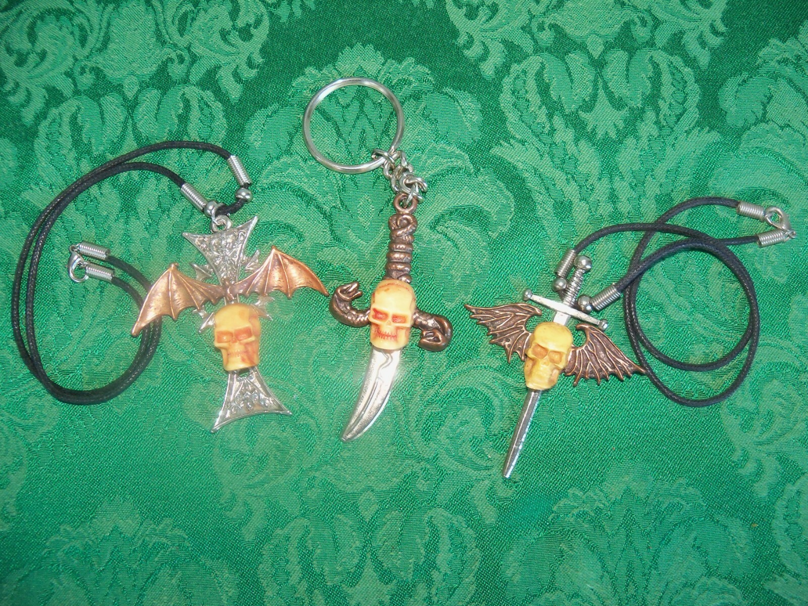 Goth Style Necklaces & Keychain Winded Skulls Sword & Snake Dagger Lot of Three