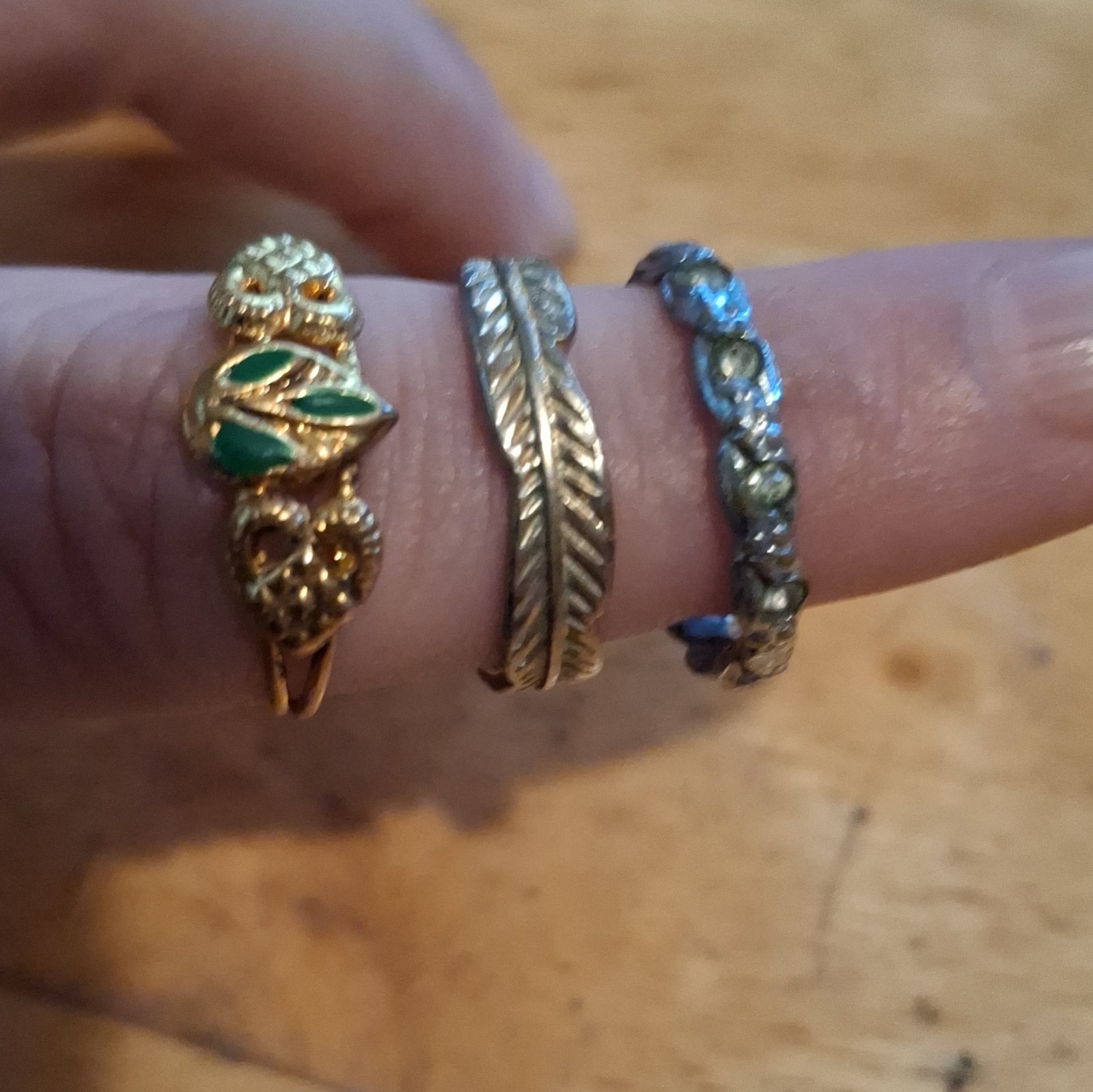 Lot of 3 Rings Size 7 Gold & Silver Tone Band, Leaf Design + Green Accent