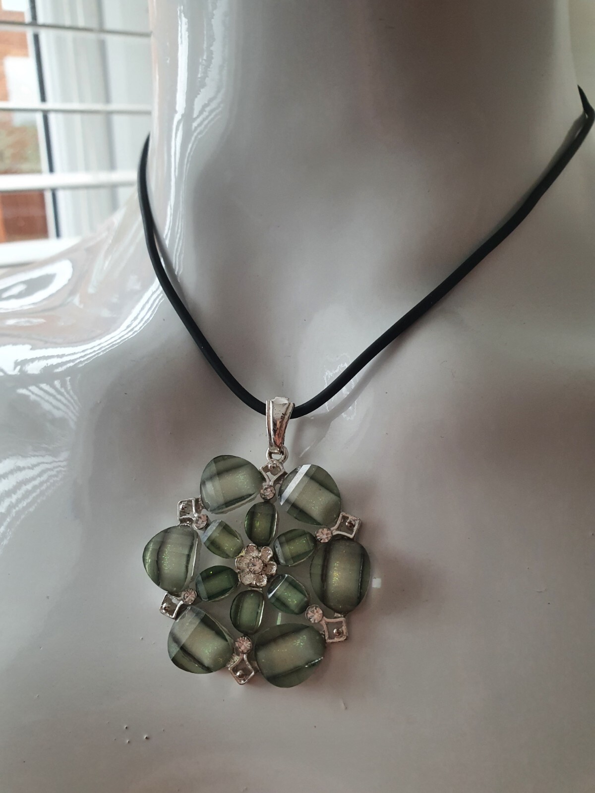 Sparkly Green Floral Clear Rhinestone Sliver Tone Black Cord Pendant Necklace