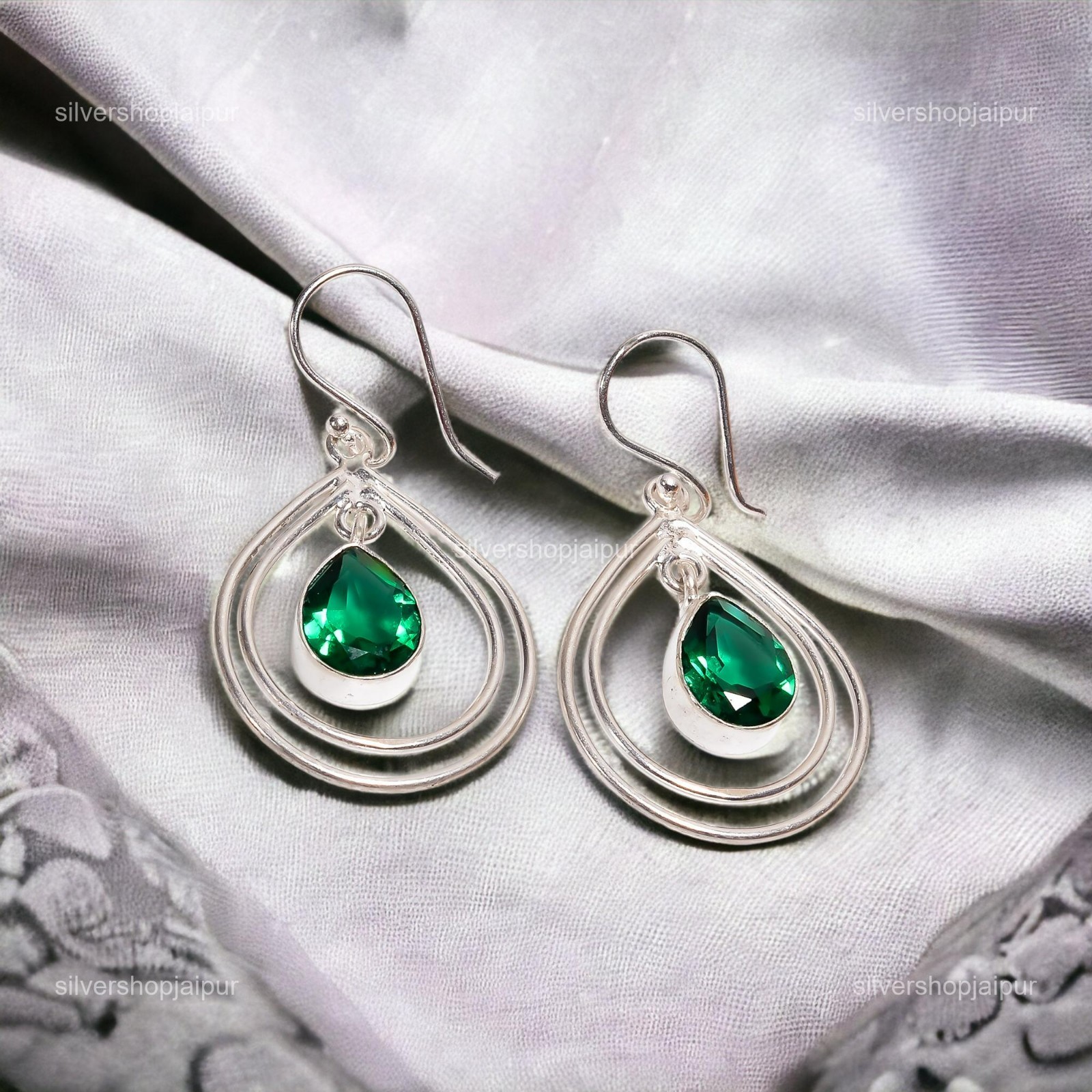925 Solid Silver Natural Emerald May Birth Dangling Sister Friend Gift Earrings