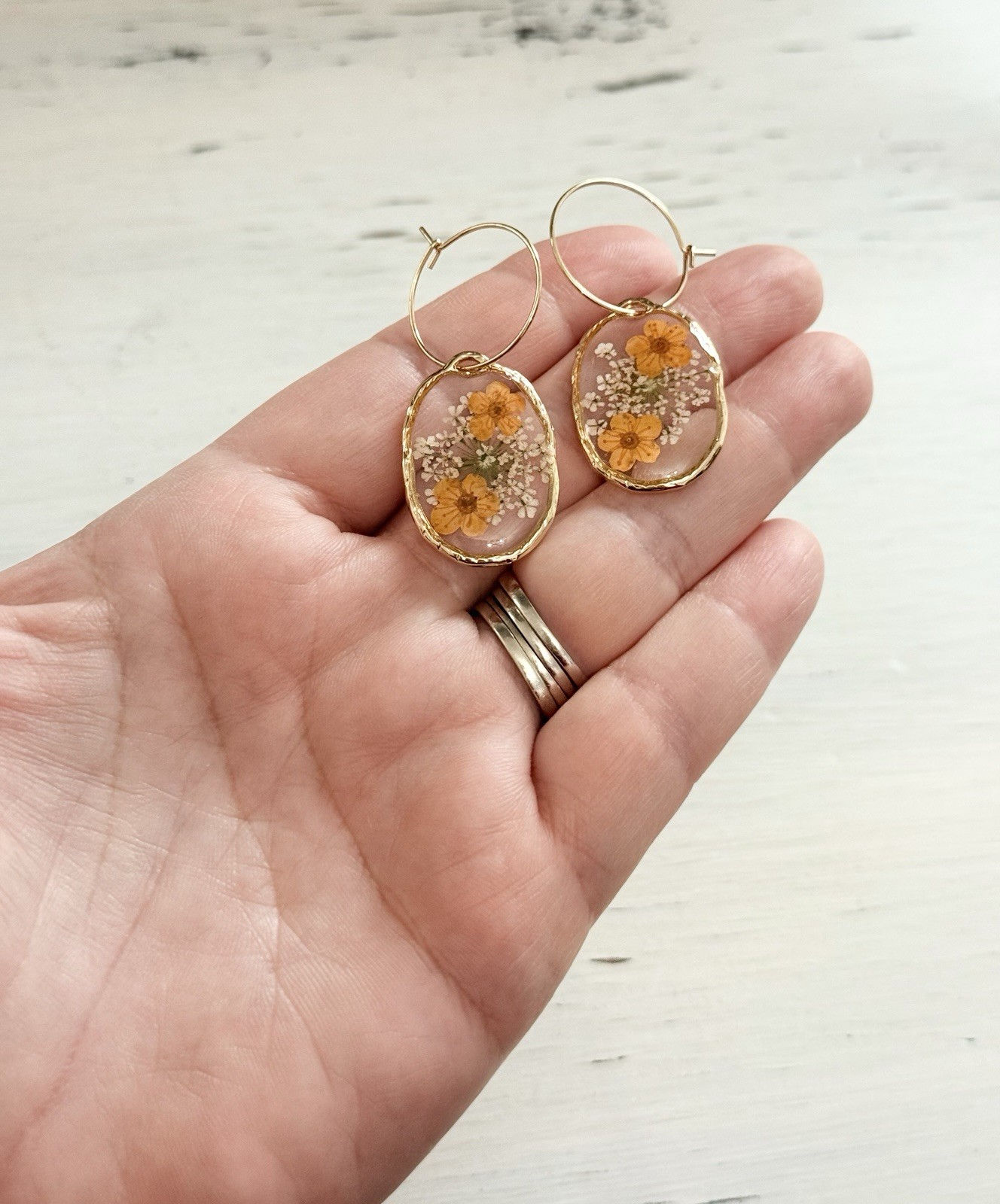 Orange Real Pressed Flower Hoop Earrings Gold 304 Stainless Steel Women’s New