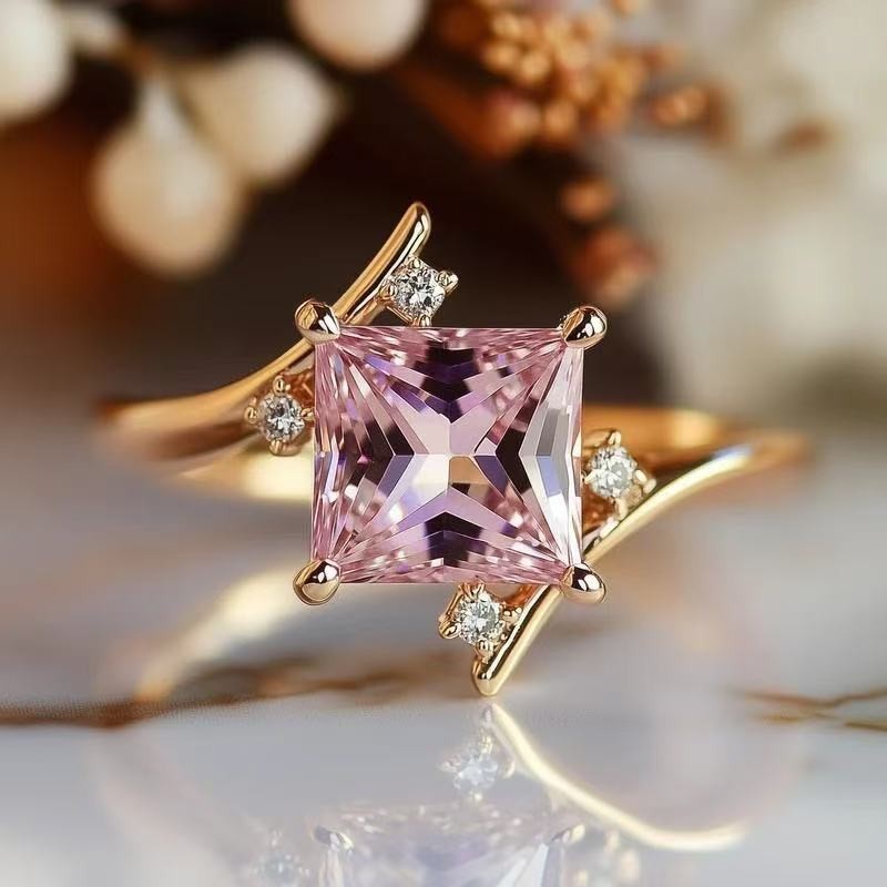 Fashion Women 18k Gold Plated Pink CZ Rhombus Band Ring Size 6-10