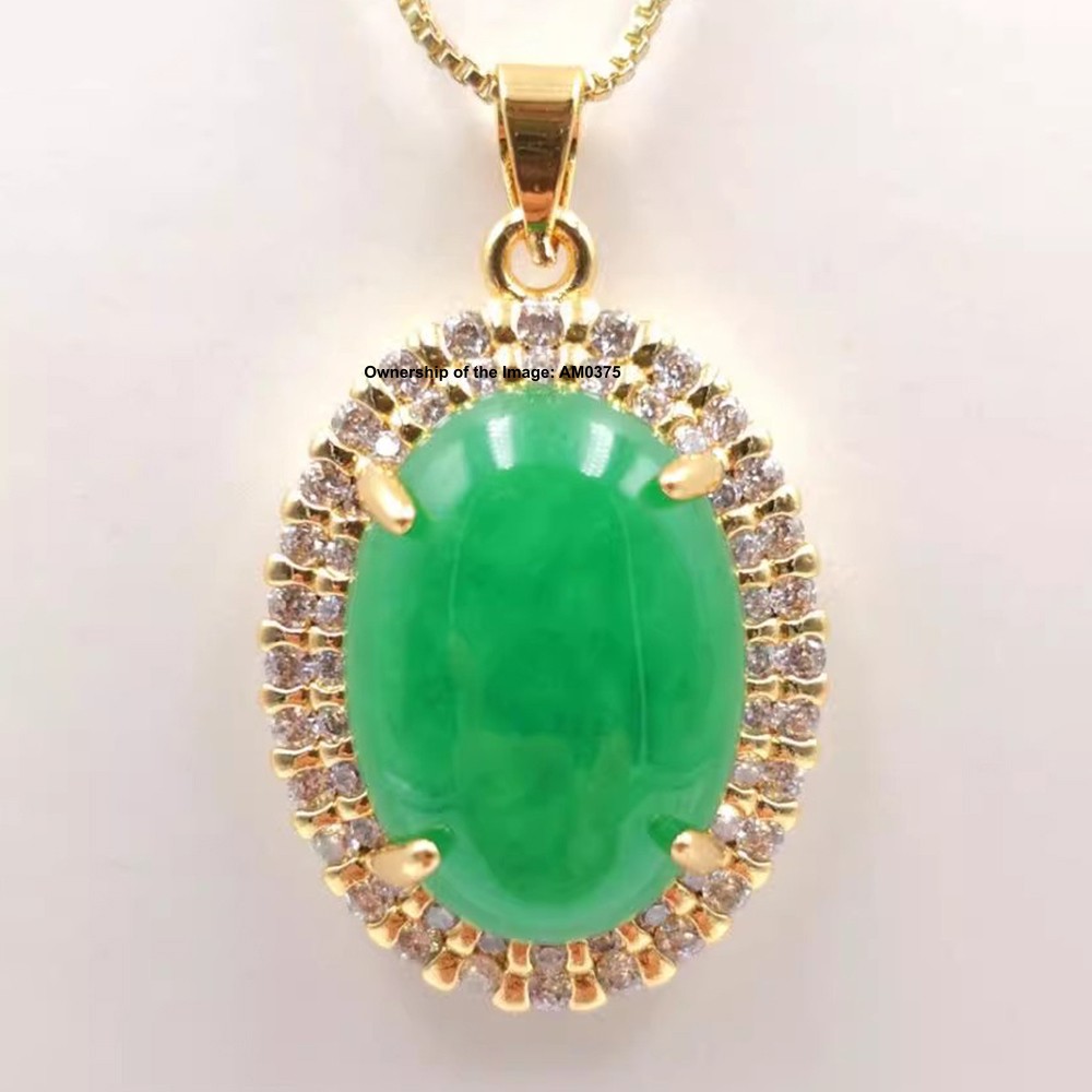 New Yellow Alloy Heating Jade Pendant Zircon and Green Oval Jade Pendant 32mm H