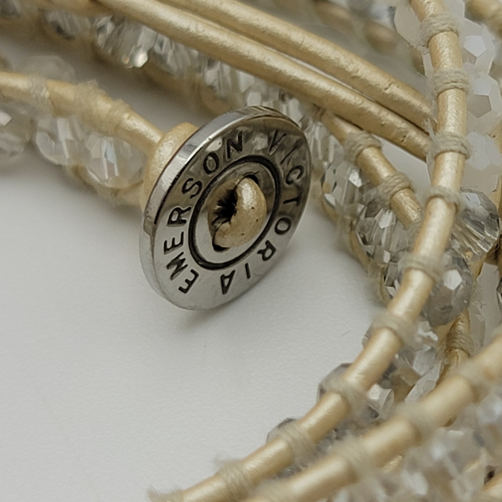 Victoria Emerson White Crystal Wrap Bracelet, Beige Leather Cord, 34″ Toggle