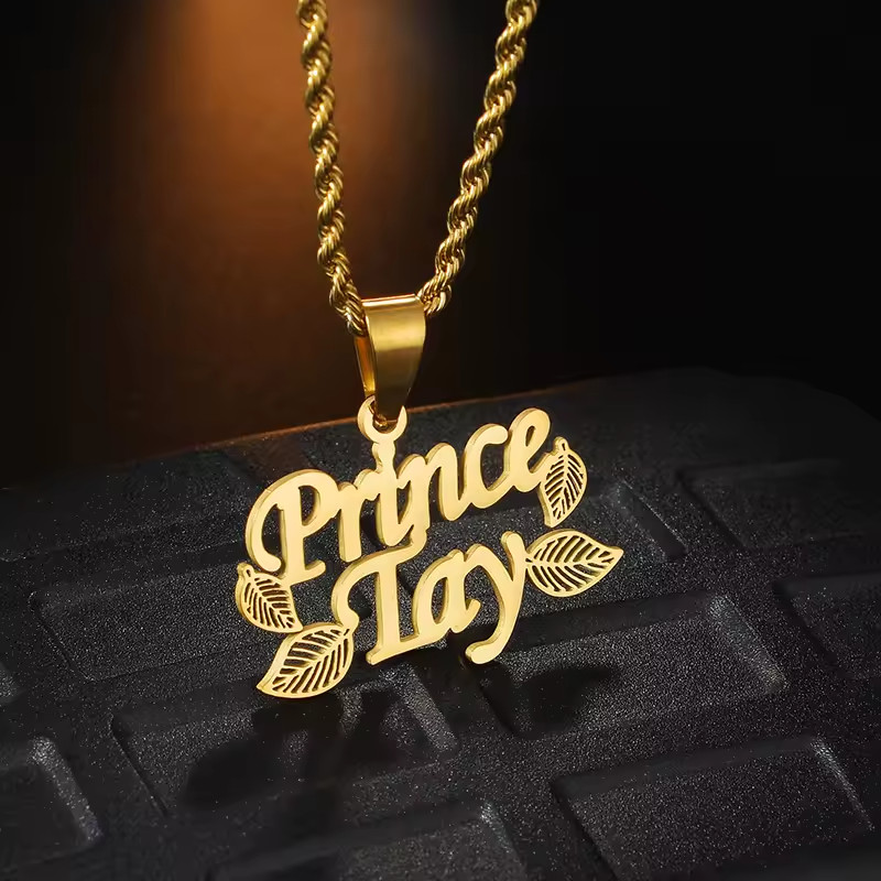 Custom Double Name Pendant Necklace Jewelry Leaf Shape Rope Chain Gold Silver