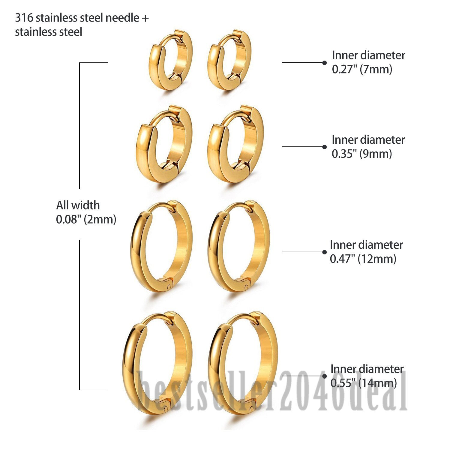 4 Pairs Stainless Steel Small Hinged Huggie Hoop Earrings Stud 7-14mm Men Women