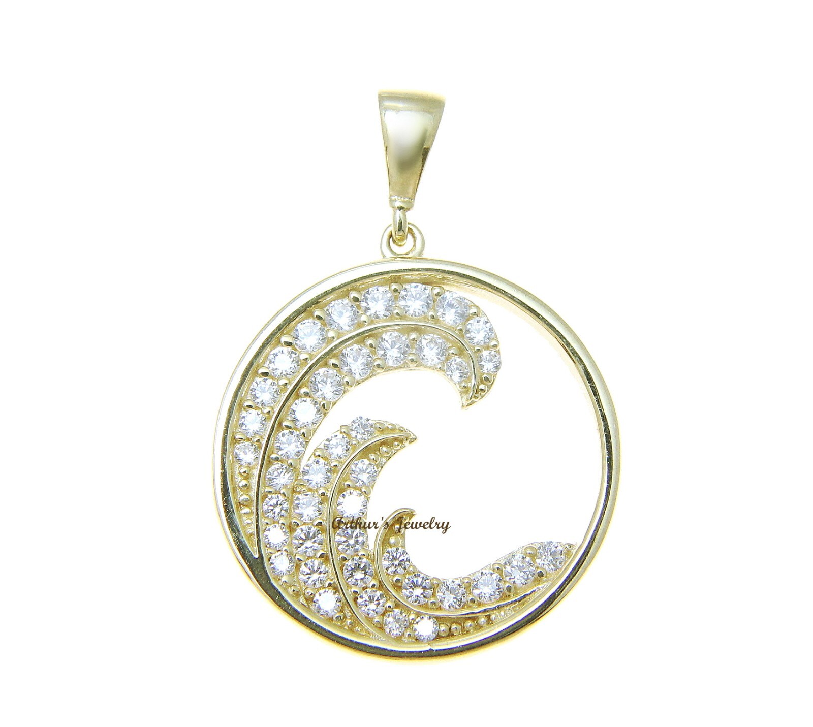 SOLID 14K YELLOW GOLD HAWAIIAN OCEAN WAVE CIRCLE CHARM BLING CZ PENDANT 17.40MM