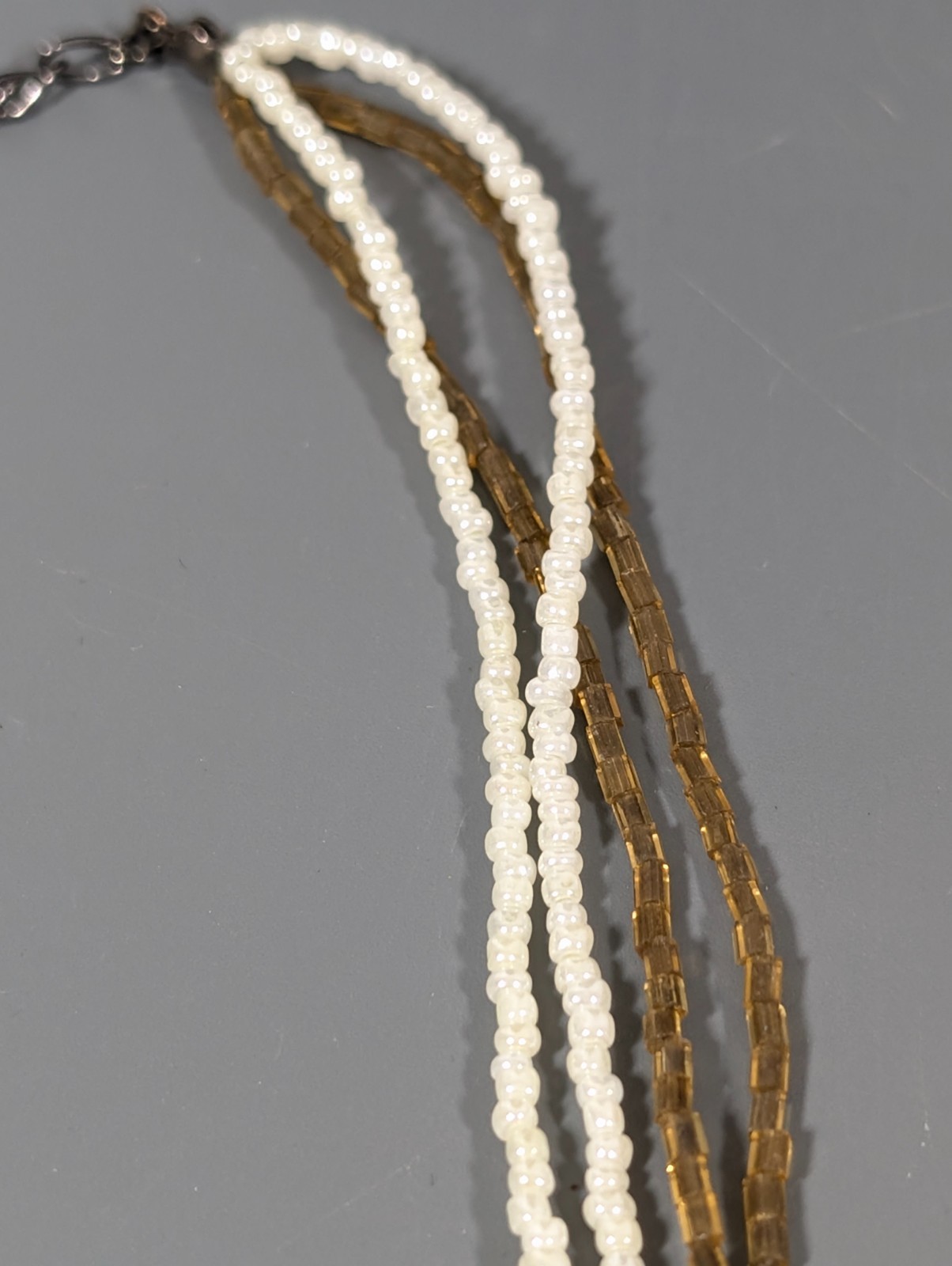 White Brown Glass Bead Multi Strand Necklace Beachy Boho Coastal 20 in