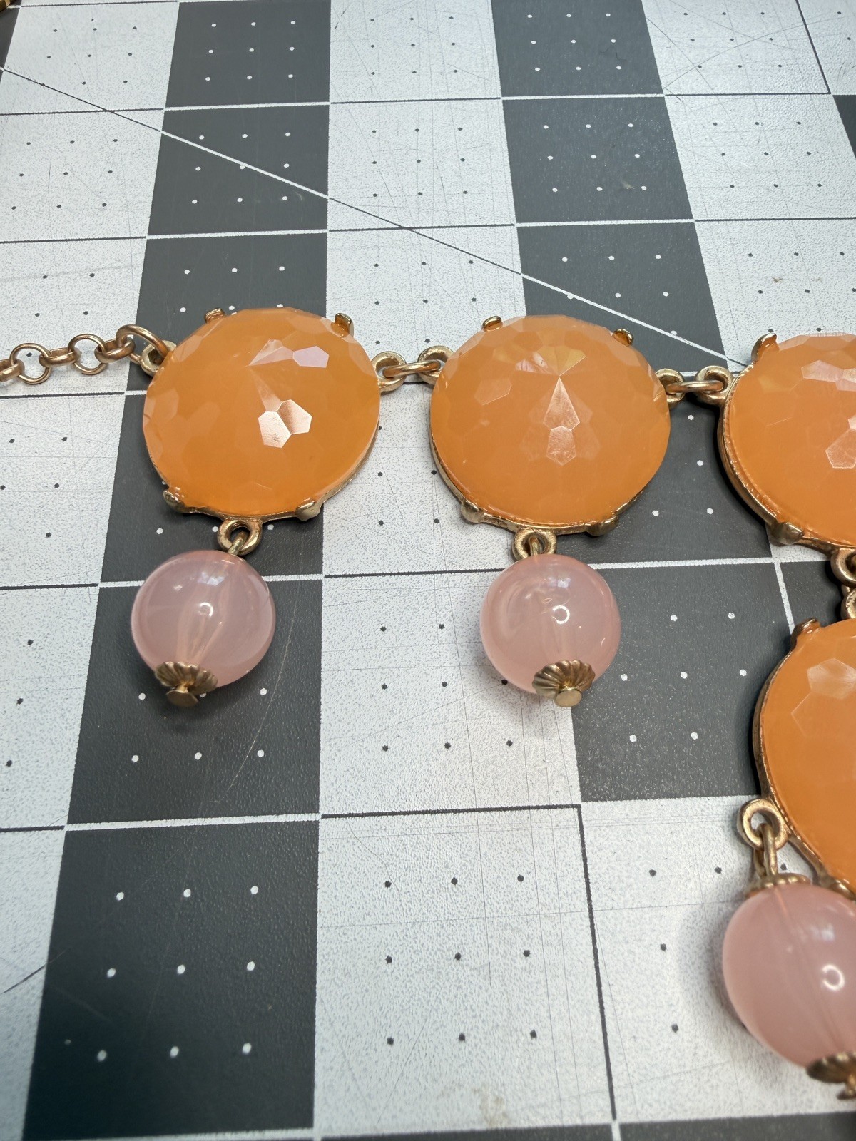 Bold Peach and Pink Chunky Statement Necklace Gold tone Bib Choker