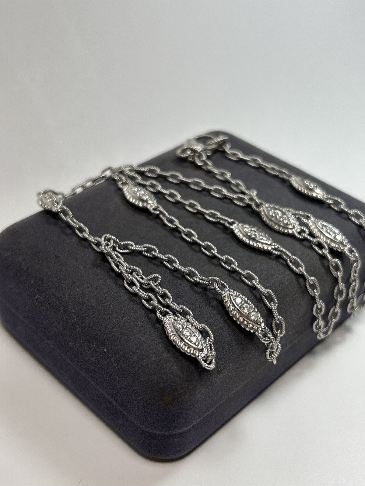 Judith Ripka Sterling Silver Textured Marquise Link CZ Station Necklace
