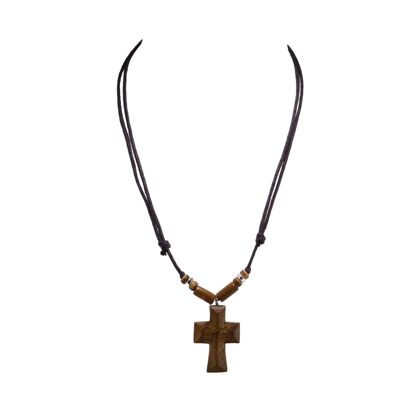 Hand Carved Wood Cross on Adjustable Black Cord Necklace