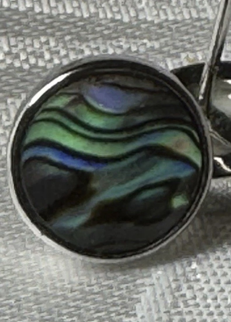 Silver Tone Round Abalone Shell Stud Earrings 16mm Bezel Setting Butterfly Back