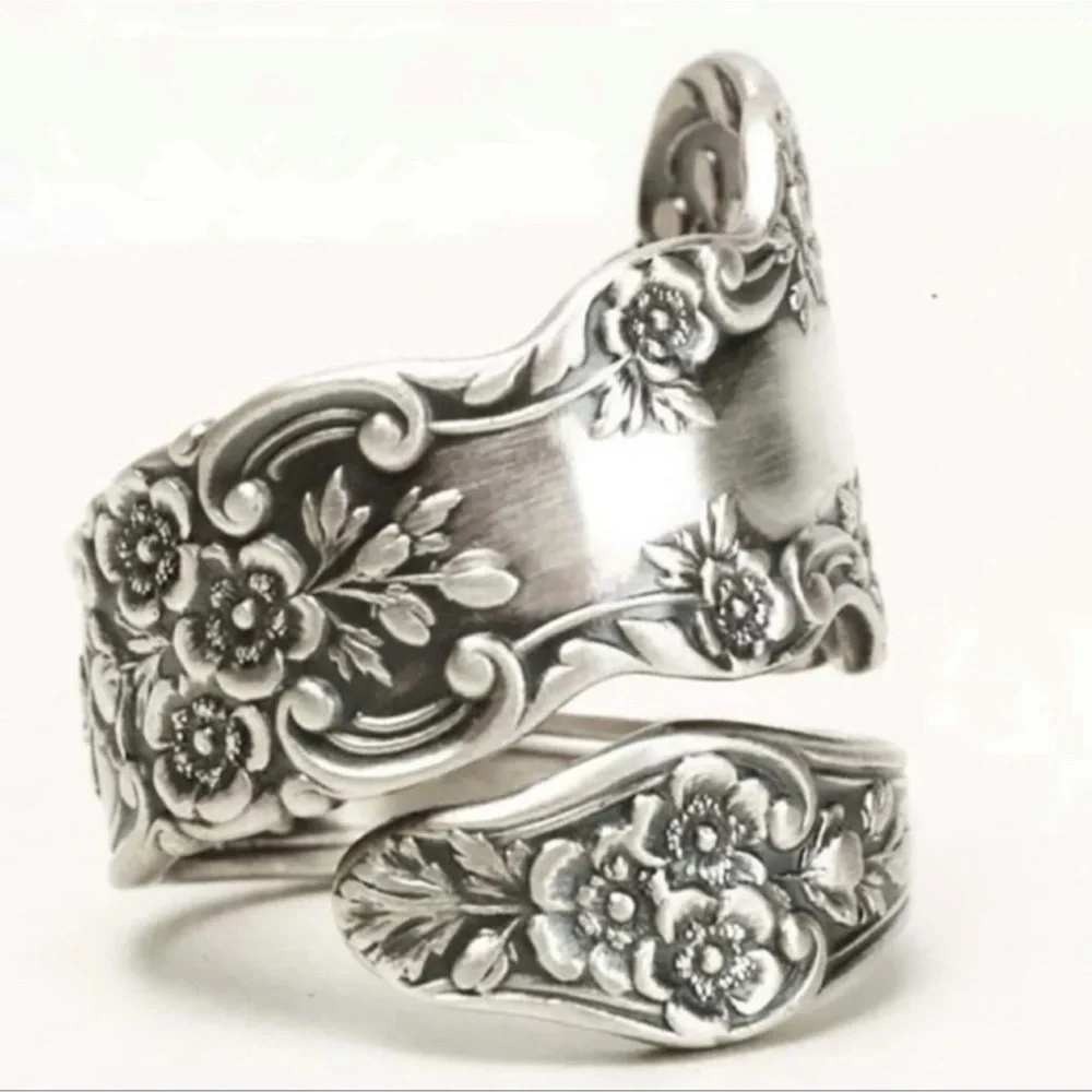 Vintage Floral Spoon Ring Silver Tone Ornate Bypass Flower Band Statement Ring