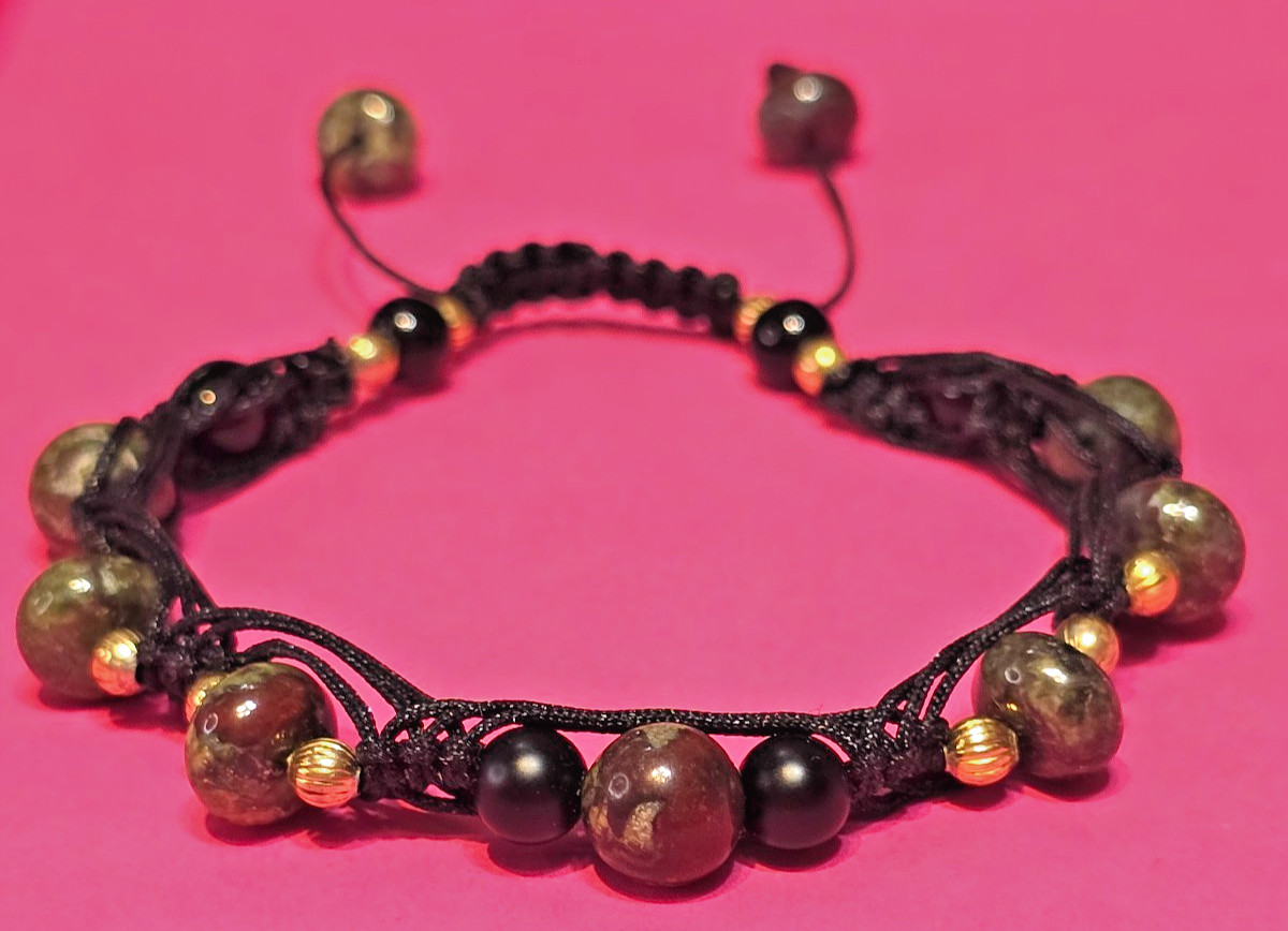 Macrame & Dragon’s Blood Jasper + Tourmaline Gemstone Bead Adjustable Bracelet