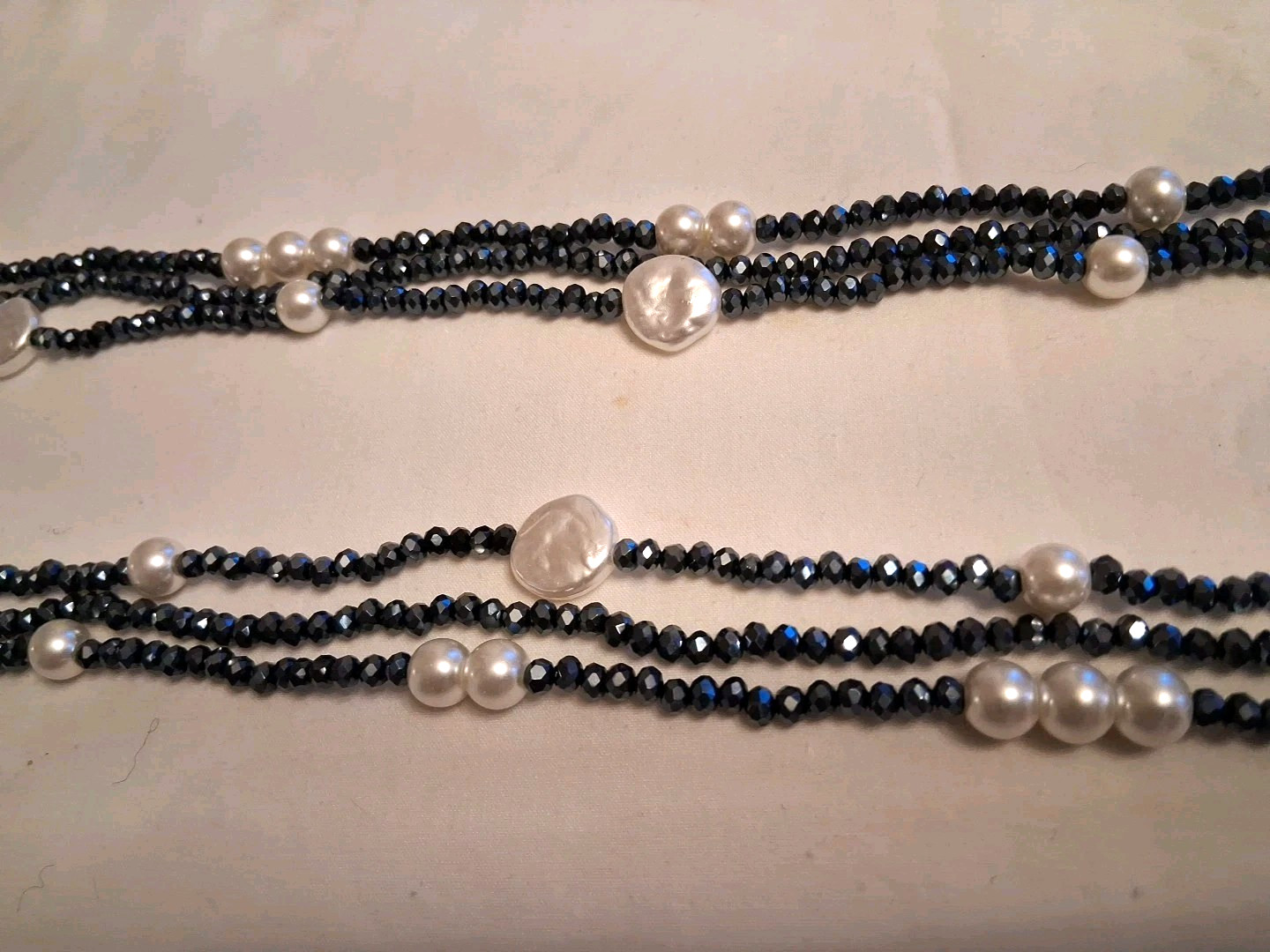 Gardenia Jewelry 3 Strand Glass Deep Sapphire Beads/Pearls 40″ Necklace Handmade