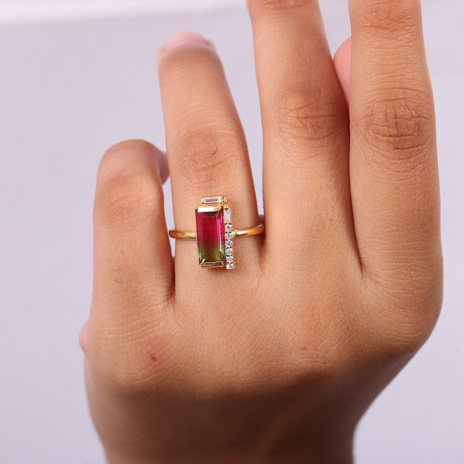 Baguette Cut Watermelon Tourmaline Engagement Art Deco Ring, Antique Jewelry