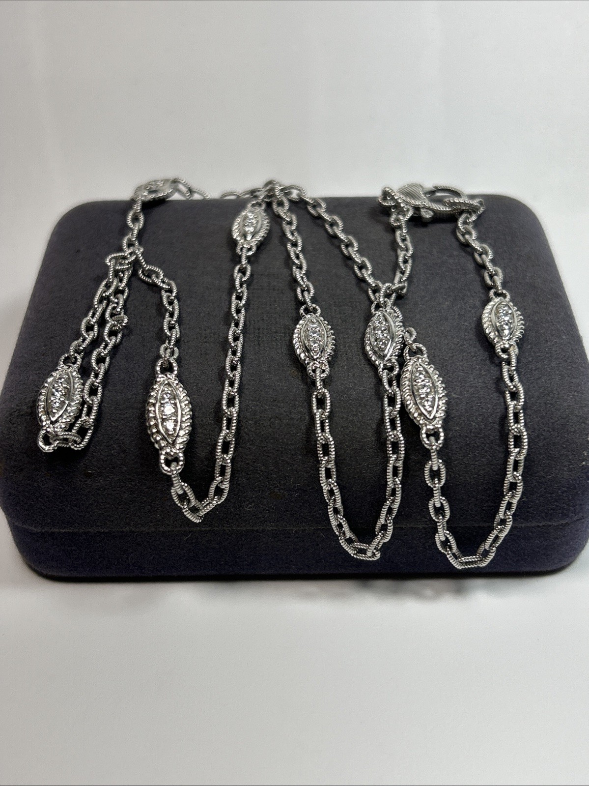 Judith Ripka Sterling Silver Textured Marquise Link CZ Station Necklace