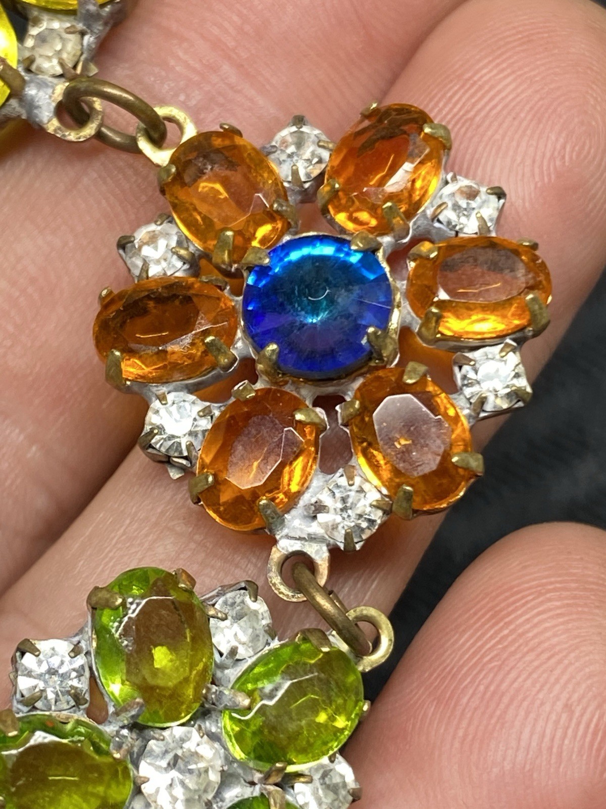 Glass(?) Multi Color Floral Dangle Pendant Statement Necklace Designer(?) Desc