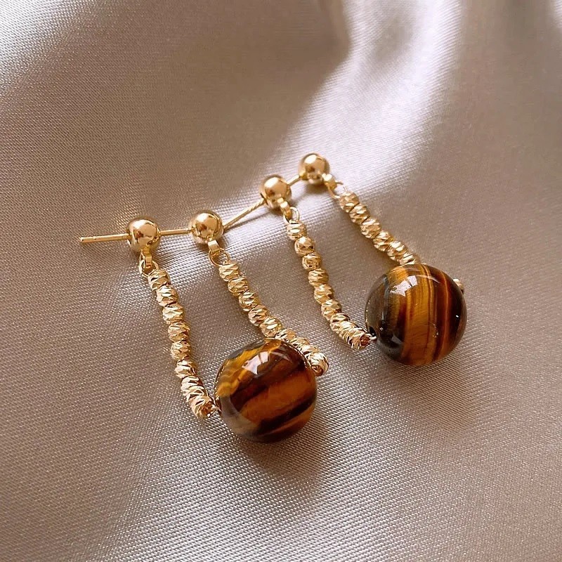 Round Tiger Eye Stone Hanging Earrings Womens Pendant Earring Fashion Jewelry
