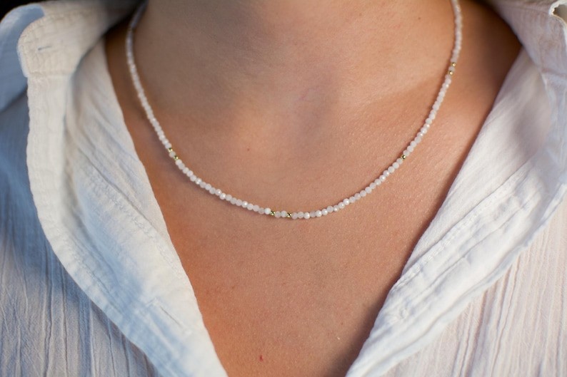 Dainty White Moonstone Faceted Round Gemstone 2-3MM Beads Anxiety Necklace 24”