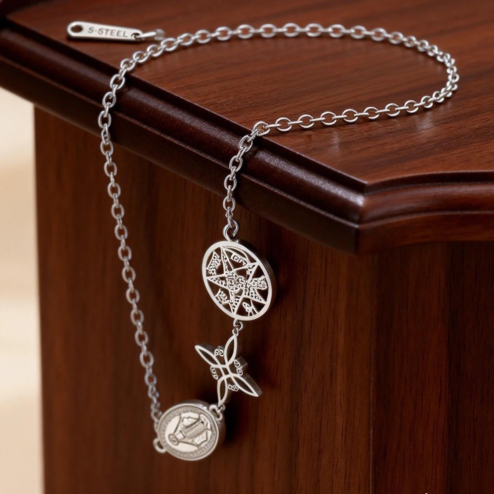 Stainless Steel Triple Protection Bracelet Witch Knot Pentagram Figaro Chain