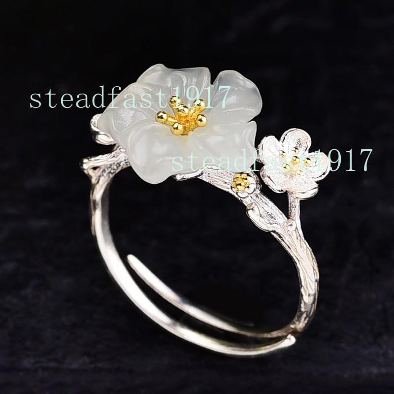 Carved White Nephrite Jade Floral Ring Silver Gold Stamen Cherry Blossom