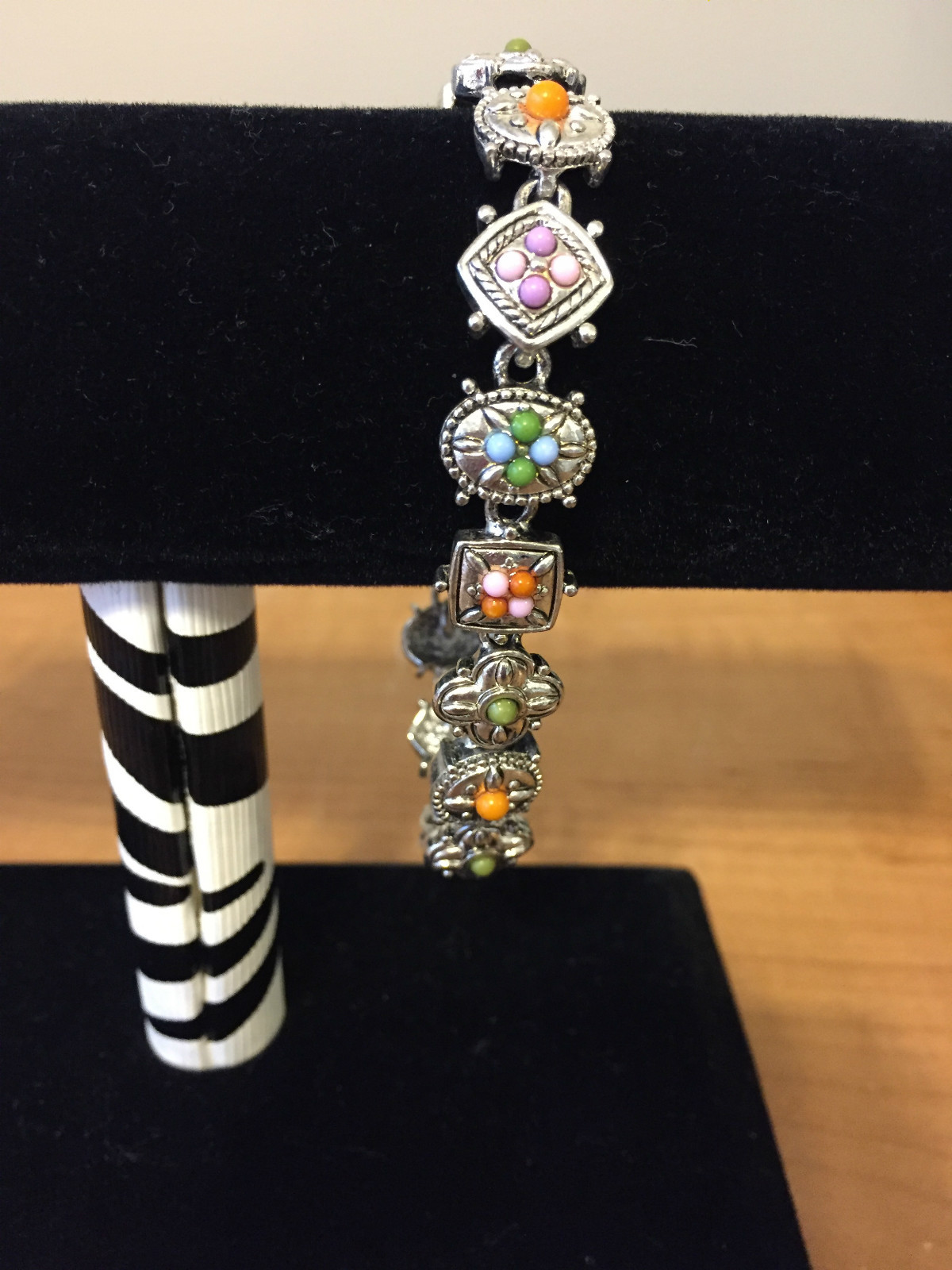 Silver Bracelet with tiny different color beads on each charm