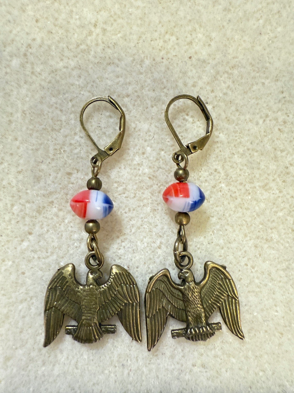 Americana Eagle Dangle Earrings 2.16″ L Red White Blue Bead Brass Tone